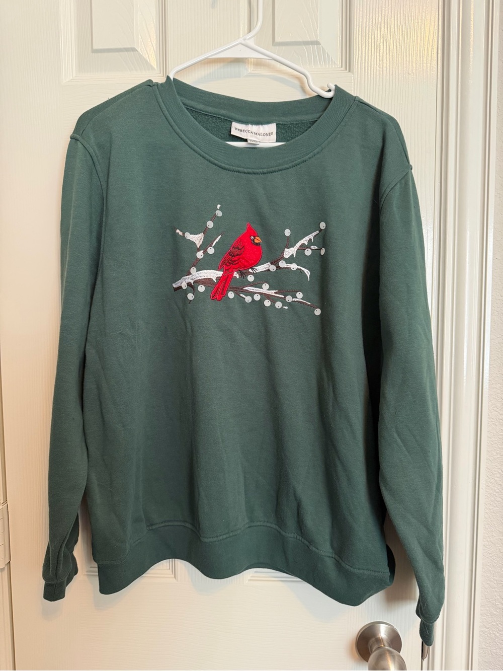 Rebecca Malone XL Green Cardinal Christmas Sweatshirt Embroidered Sequin Holiday